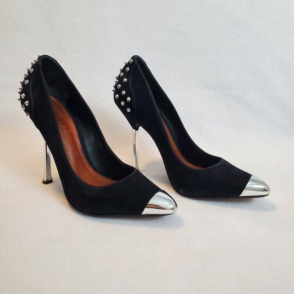 SCHUTZ Shoes - Schutz Black Leather Pointed Toe Slip On Silver Spikes and Stiletto Heel Sz 6.5B